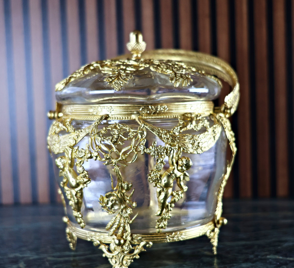Antique French Napoleon III Crystal and Ormolu Casket with Cherubs and Garlands, c. 1860–1880
