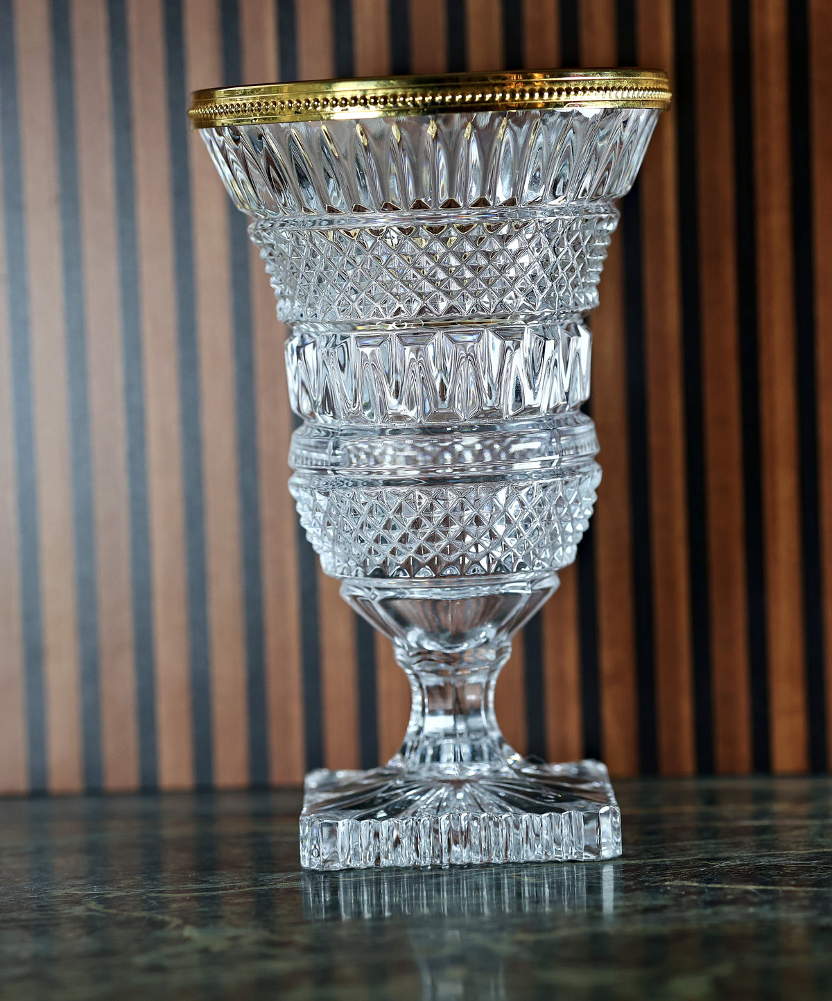 French Crystal Pedestal Vase with Gilt Bronze Beaded Rim