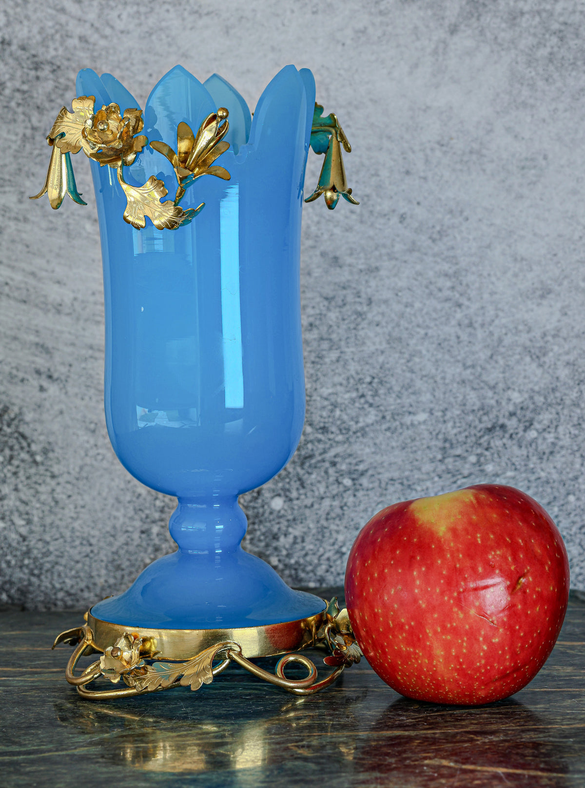 Antique French Napoleon III Blue Opaline Tulip Vase with Gilt Bronze Flowers and Foliate Base, c. 1860–1880