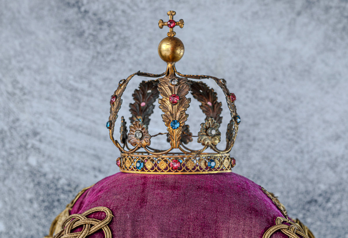 Antique French Bronze Marian Crown | 19th Century | Paste Stones, Orb and Cross Finial