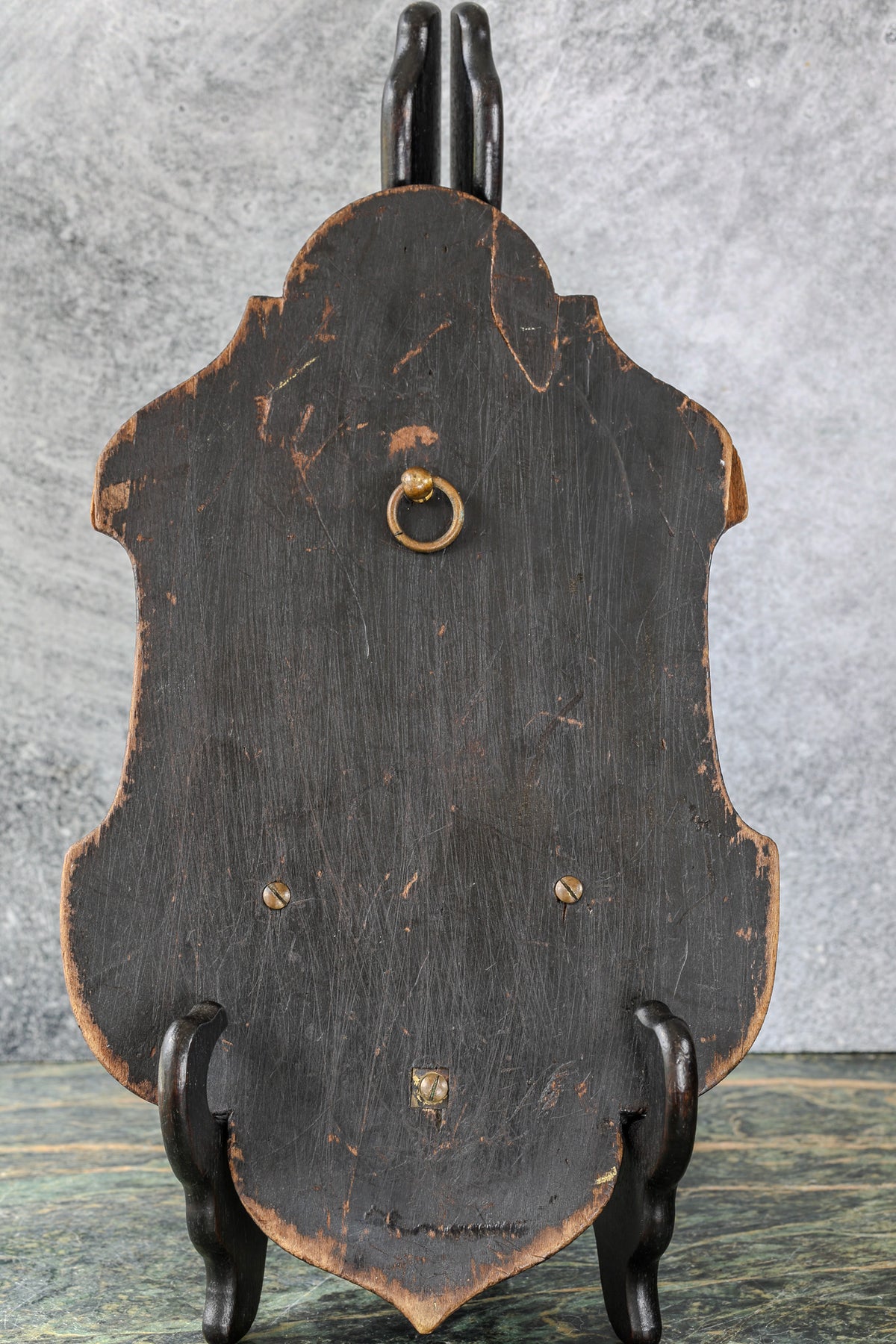 Antique Gothic Revival Holy Water Font (Bénitier) | Carved Wood, Brass Triptych Doors, Madonna della Seggiola Plaque