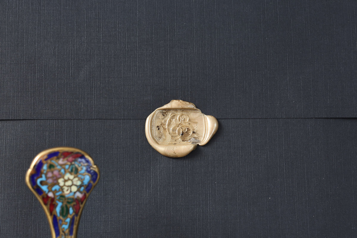 Antique French Champlevé Enamel and Gilt Bronze Desk Seal | Floral Handle, Engraved Script Monogram