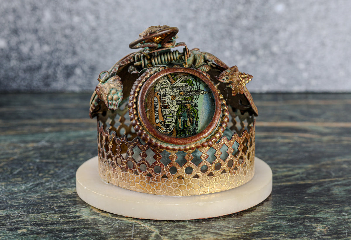 Antique French Religious Souvenir Bell | Gilt Lattice, Picture Medallions, Alabaster Base