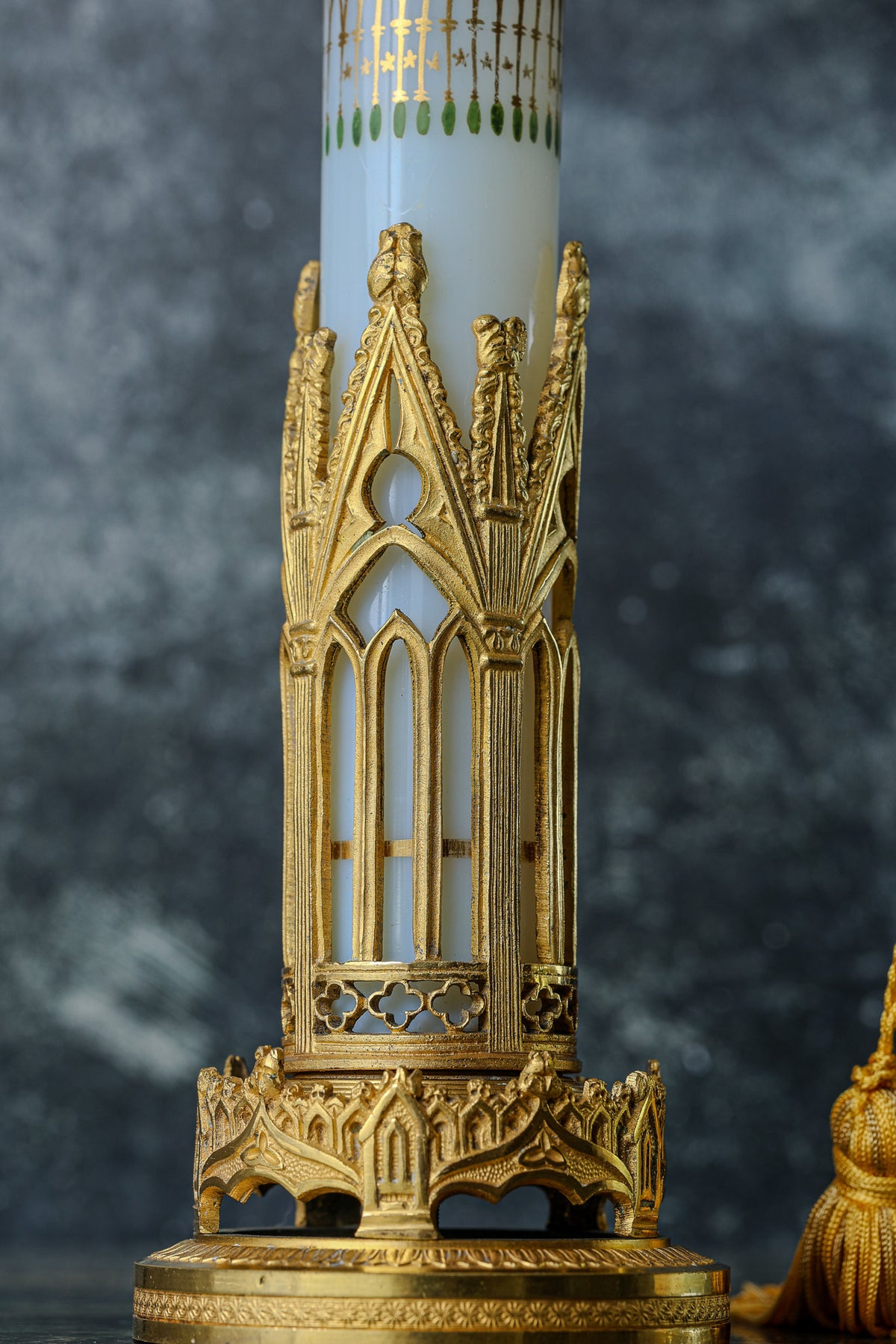 Antique French White Opaline Perfume Flask (Flacon à Mélisse) with Gilt and Green Enamel, in Its Gilt Bronze Gothic Stand, c. 1860