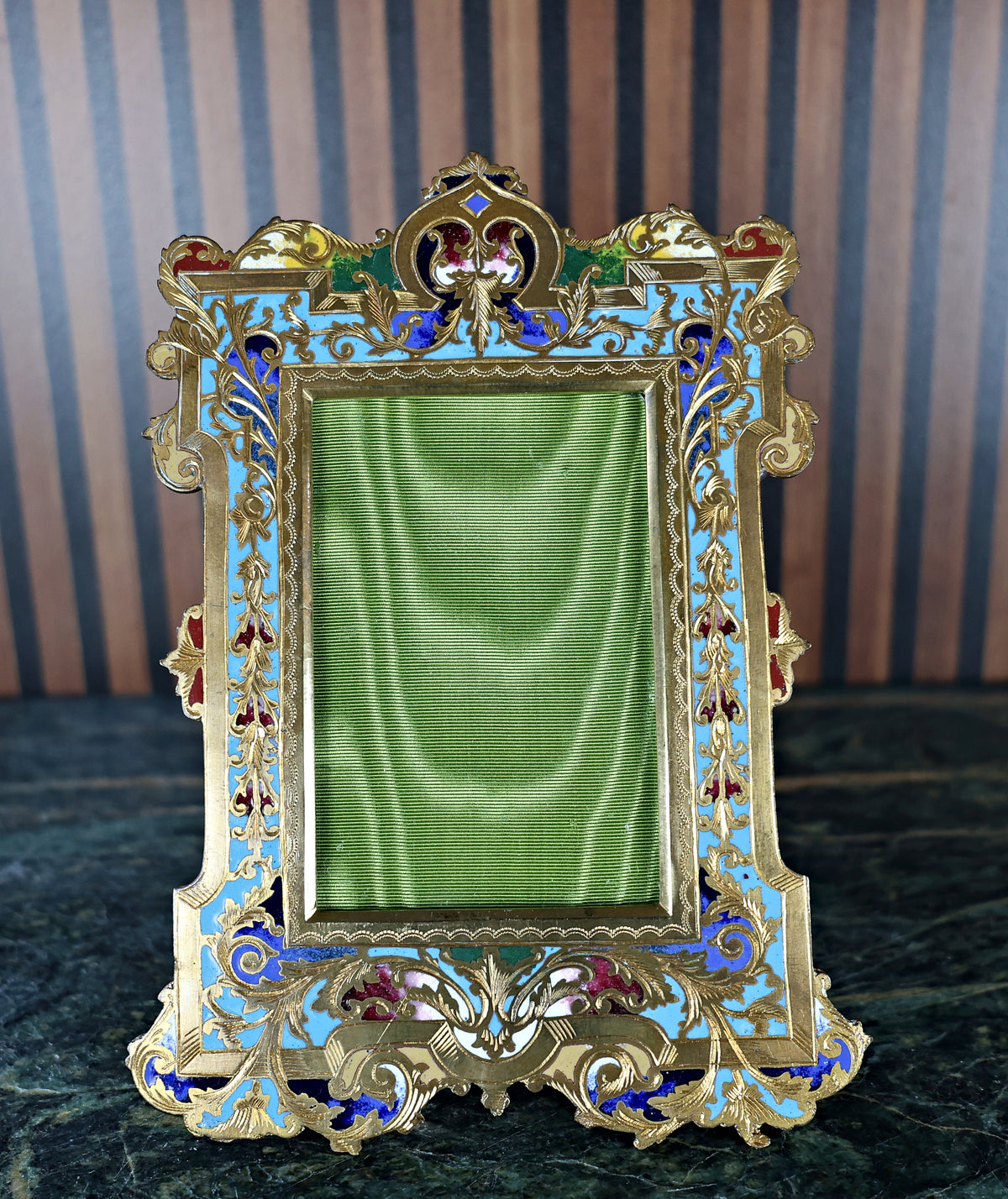 Antique French Champlevé Enamel and Gilt Bronze Photo Frame with Green Silk Mount, c. 1870–1890