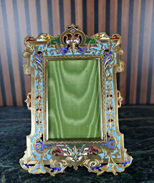 Antique French Champlevé Enamel and Gilt Bronze Photo Frame with Green Silk Mount, c. 1870–1890
