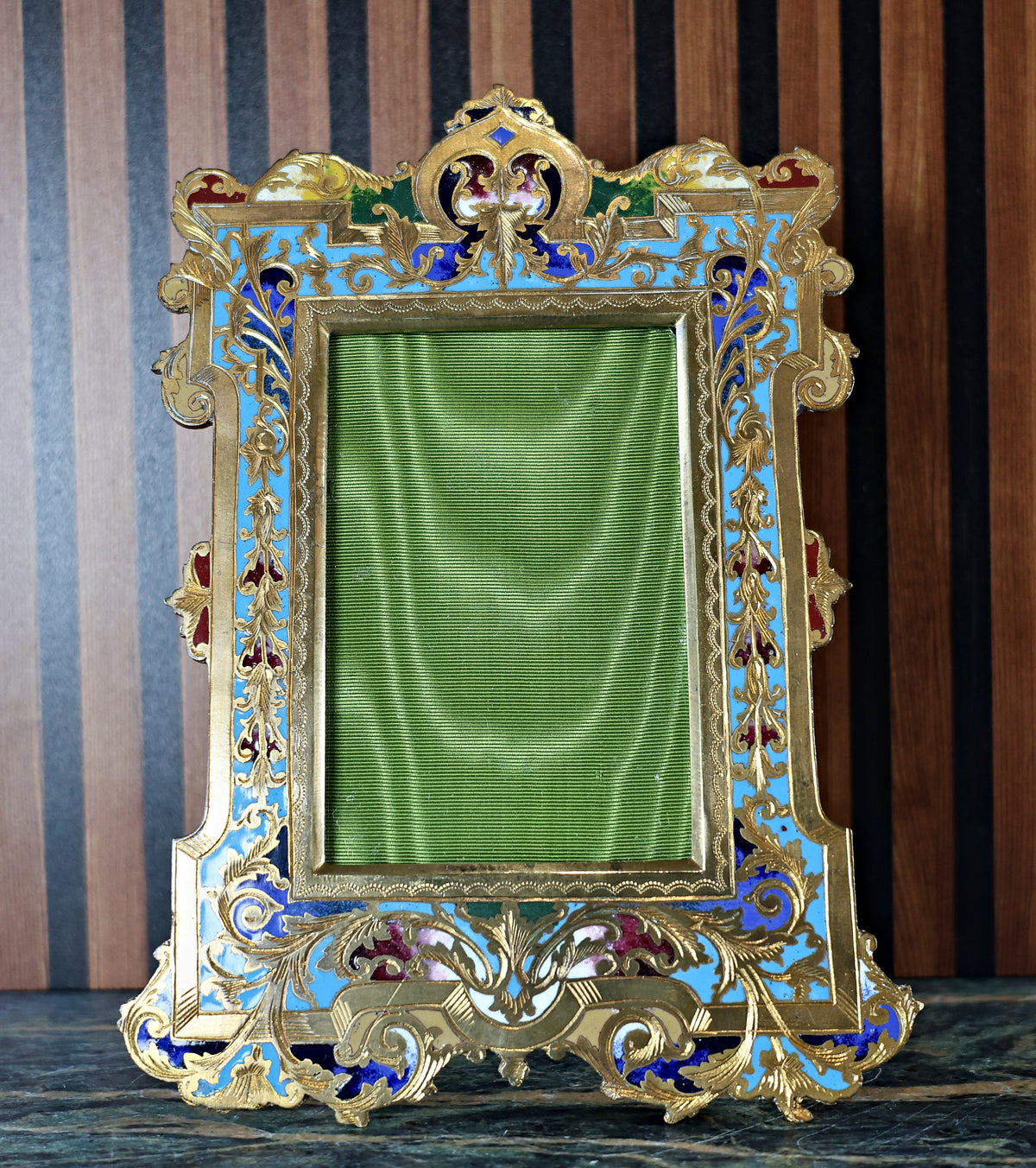 Antique French Champlevé Enamel and Gilt Bronze Photo Frame with Green Silk Mount, c. 1870–1890