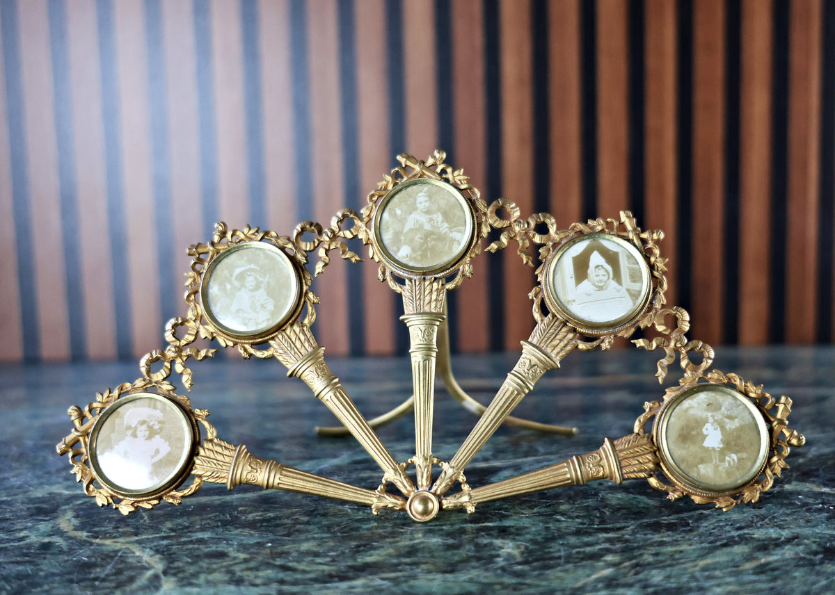 Antique French Gilt Bronze Fan Photo Frame with Five Miniature Portraits, Louis XVI Style, c. 1880–1900