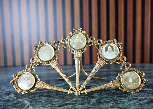 Antique French Gilt Bronze Fan Photo Frame with Five Miniature Portraits, Louis XVI Style, c. 1880–1900