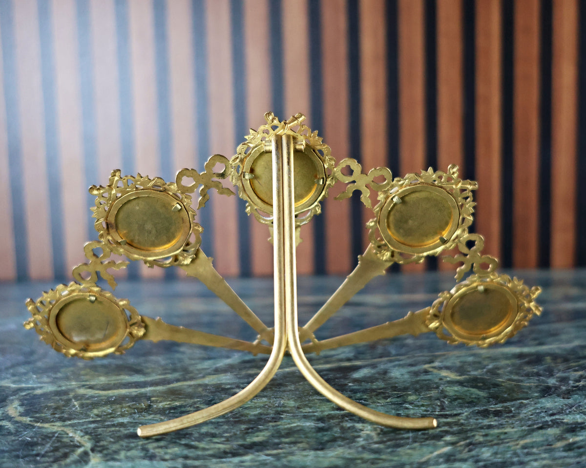 Antique French Gilt Bronze Fan Photo Frame with Five Miniature Portraits, Louis XVI Style, c. 1880–1900