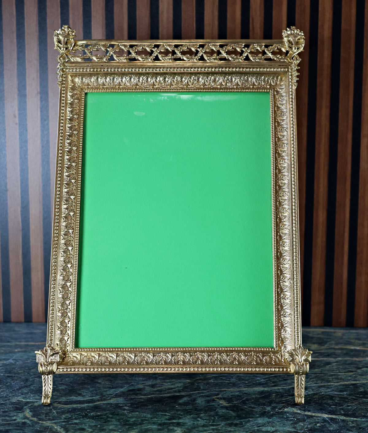 Antique French Gilt Bronze Photo Frame with Pierced Gallery Cresting, Louis XVI Style, c. 1860–1890