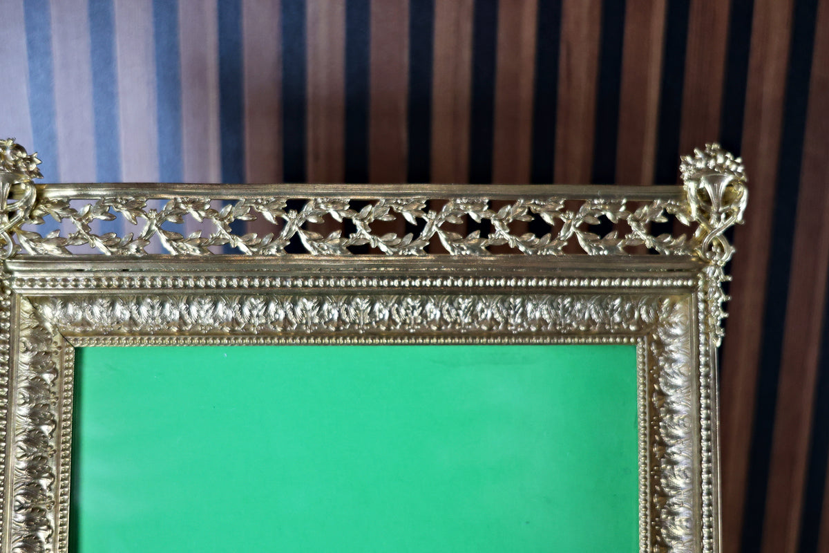 Antique French Gilt Bronze Photo Frame with Pierced Gallery Cresting, Louis XVI Style, c. 1860–1890
