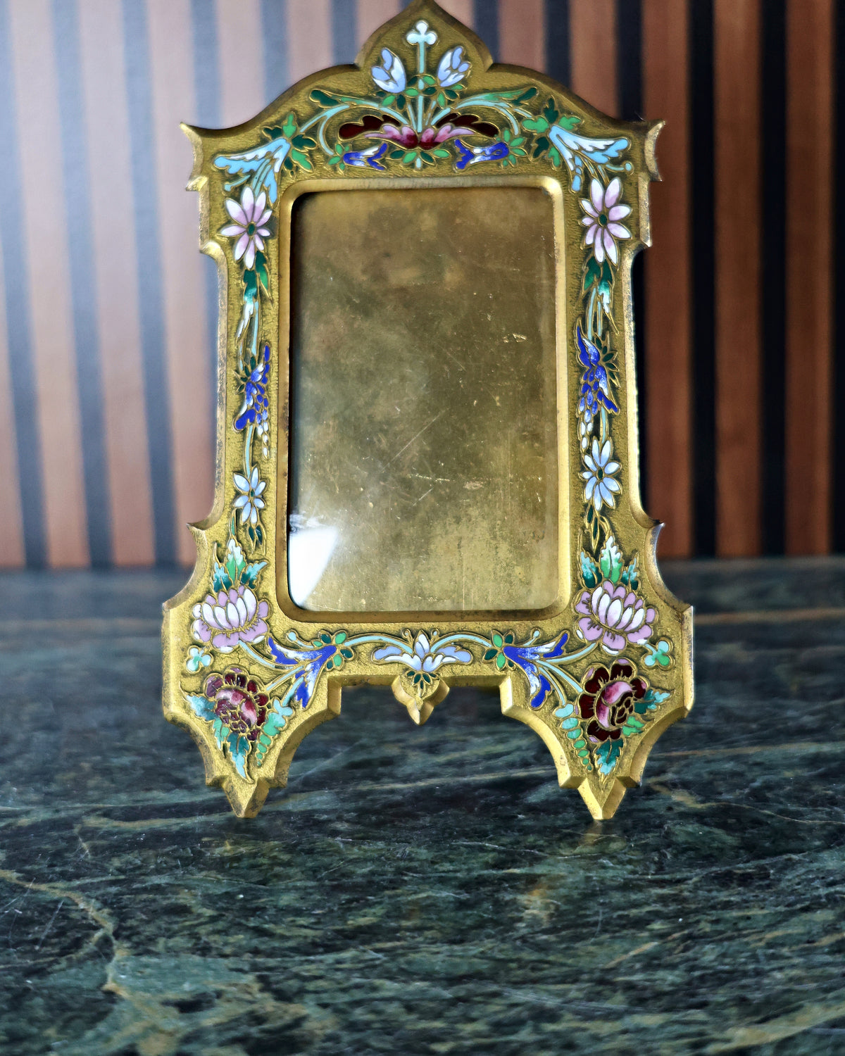 Antique French Champlevé Enamel and Gilt Bronze Miniature Frame with Floral Decoration, c. 1880–1900