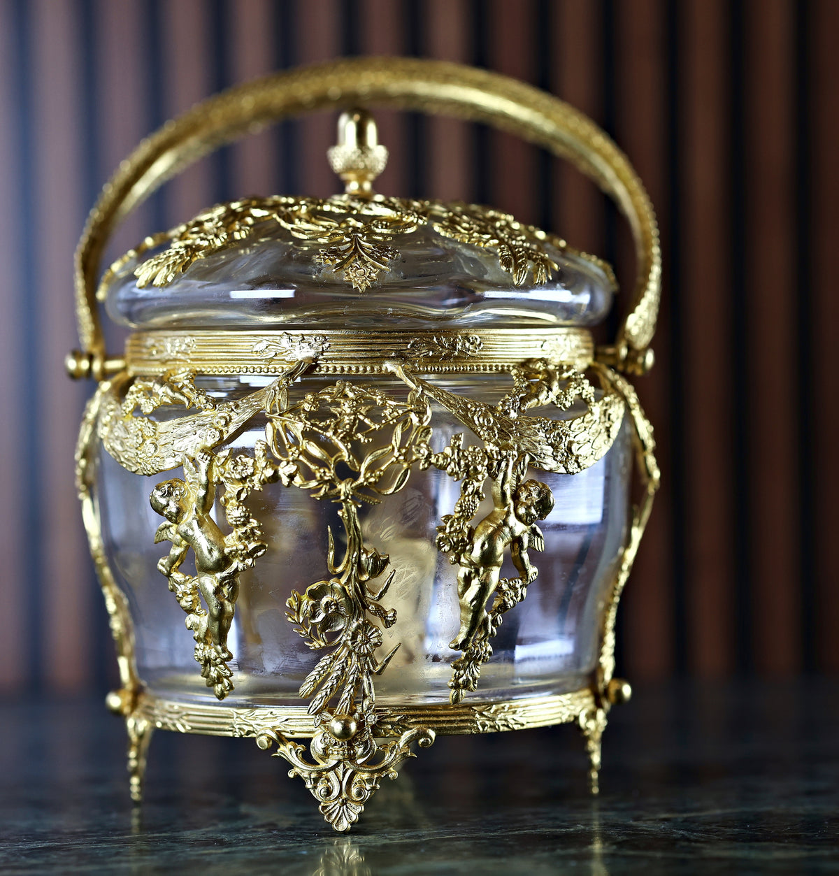 Antique French Napoleon III Crystal and Ormolu Casket with Cherubs and Garlands, c. 1860–1880