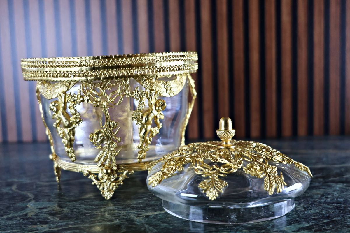 Antique French Napoleon III Crystal and Ormolu Casket with Cherubs and Garlands, c. 1860–1880