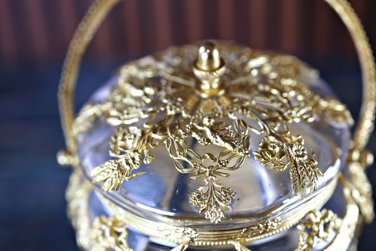 Antique French Napoleon III Crystal and Ormolu Casket with Cherubs and Garlands, c. 1860–1880
