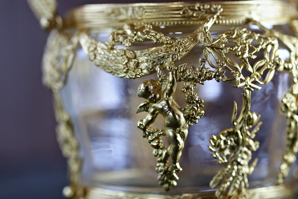 Antique French Napoleon III Crystal and Ormolu Casket with Cherubs and Garlands, c. 1860–1880