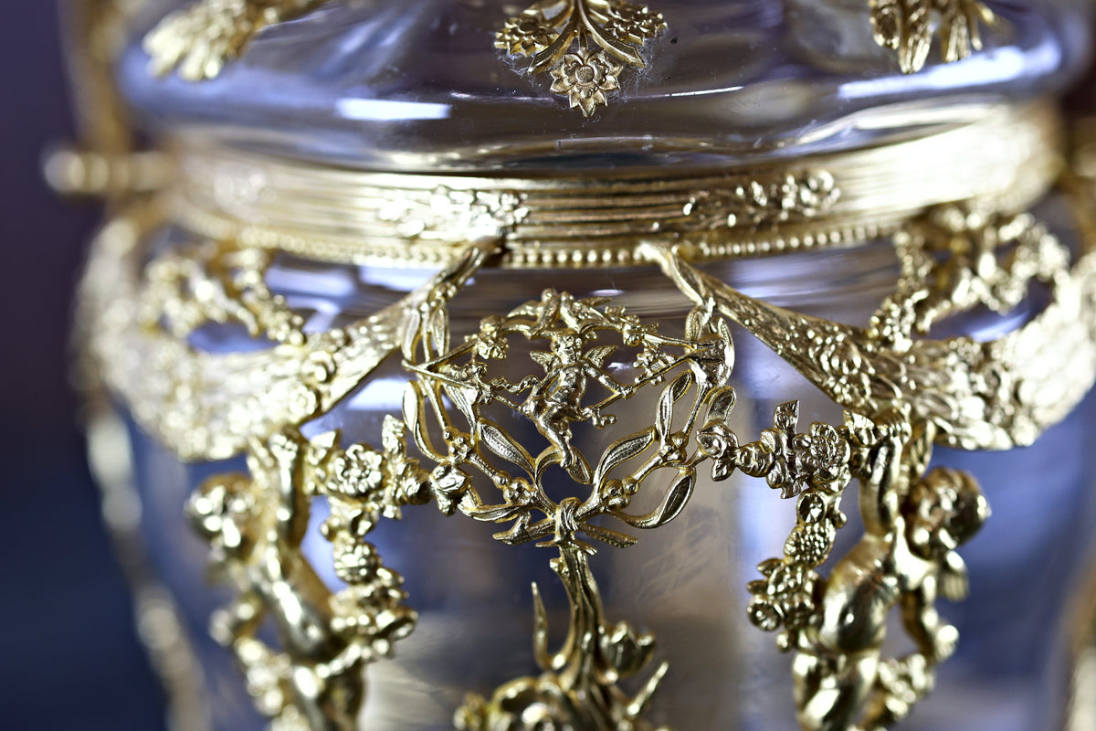 Antique French Napoleon III Crystal and Ormolu Casket with Cherubs and Garlands, c. 1860–1880