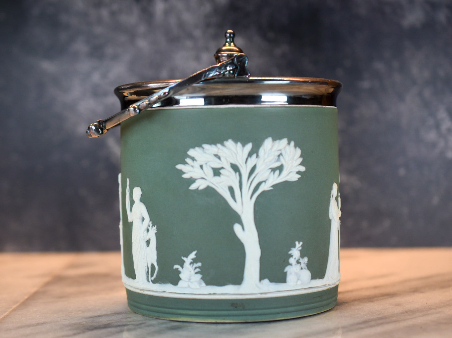 Antique Wedgwood Green Jasperware Biscuit Barrel with Silver-Plated Lid – England