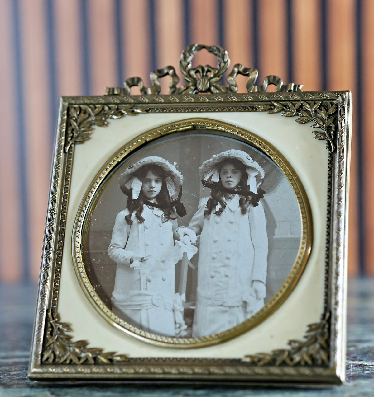Antique French Louis XVI Revival Picture Frame | Gilt Bronze & Ivory Toned Surround | Circa 1900
Round Aperture and Period Portrait, c. 1890–1910