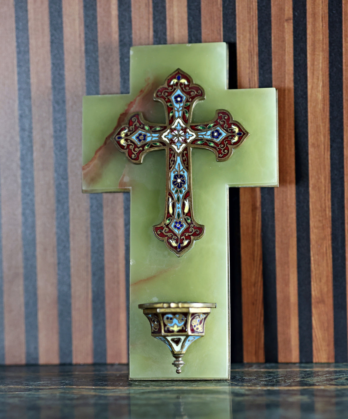 Antique French Onyx Cross with Champlevé Enamel and Hinged Holy Water Font (Bénitier), c. 1880–1900