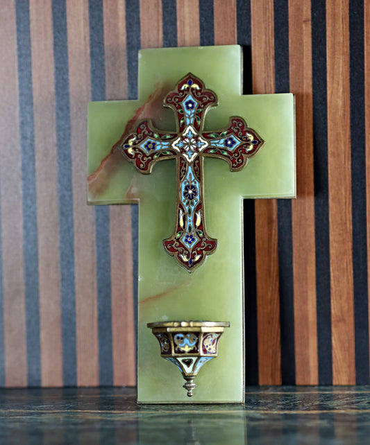 Antique French Onyx Cross with Champlevé Enamel and Hinged Holy Water Font (Bénitier), c. 1880–1900