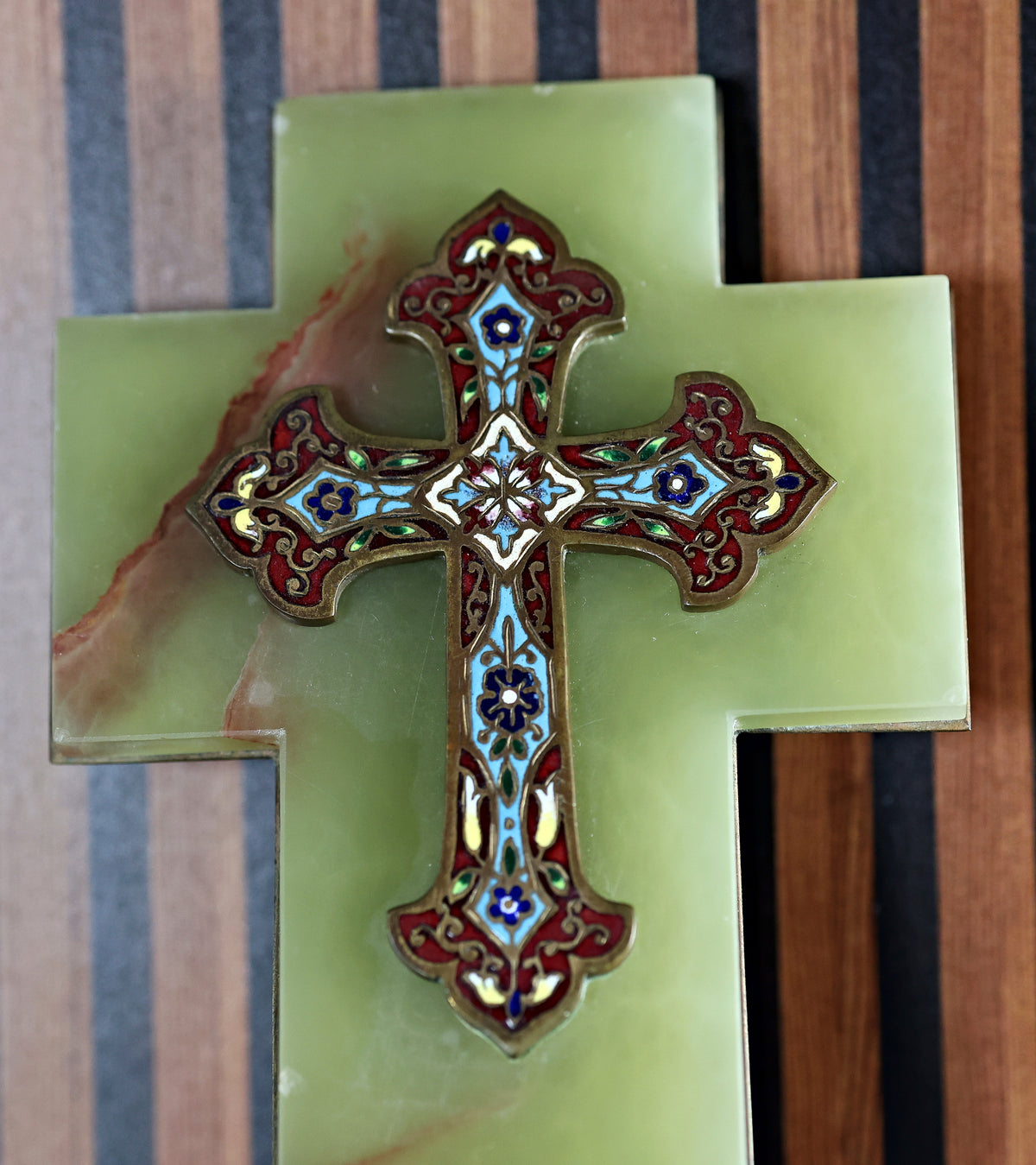 Antique French Onyx Cross with Champlevé Enamel and Hinged Holy Water Font (Bénitier), c. 1880–1900