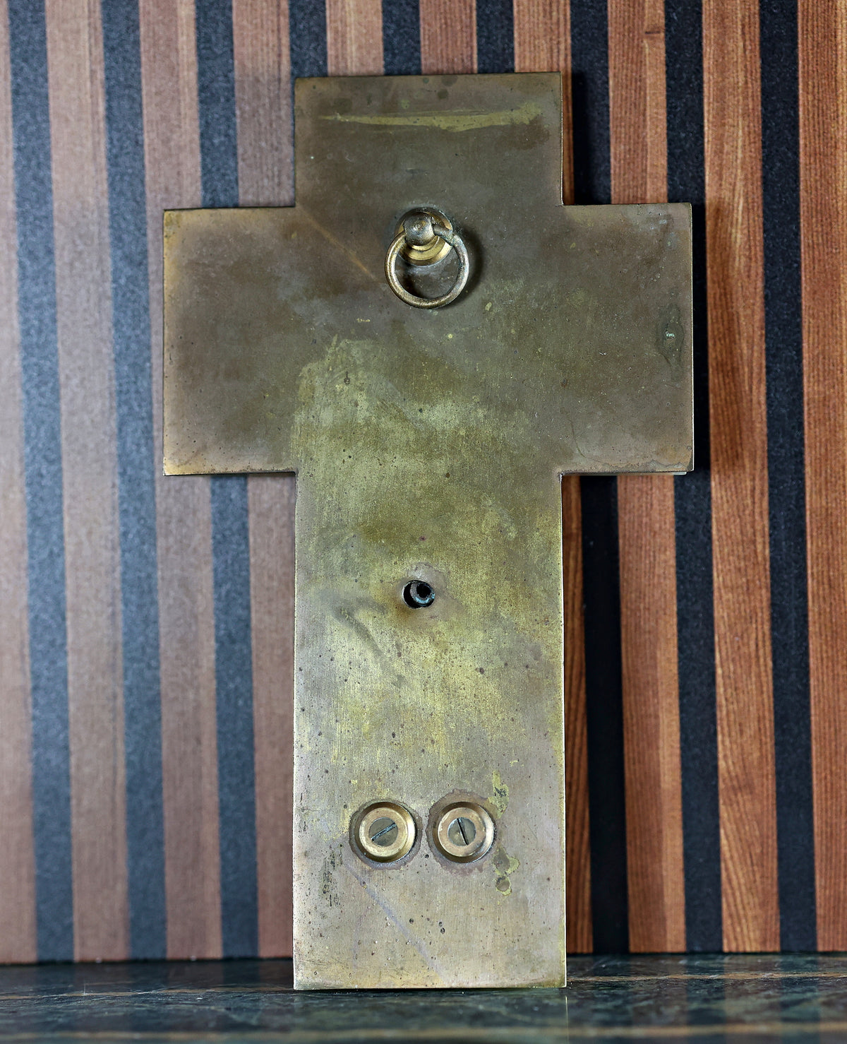 Antique French Onyx Cross with Champlevé Enamel and Hinged Holy Water Font (Bénitier), c. 1880–1900