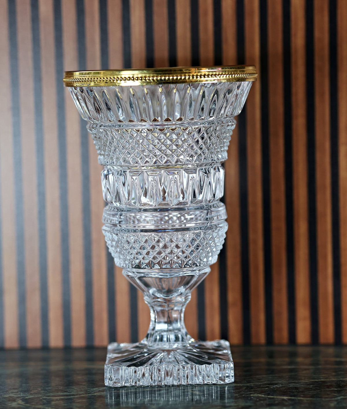 French Crystal Pedestal Vase with Gilt Bronze Beaded Rim