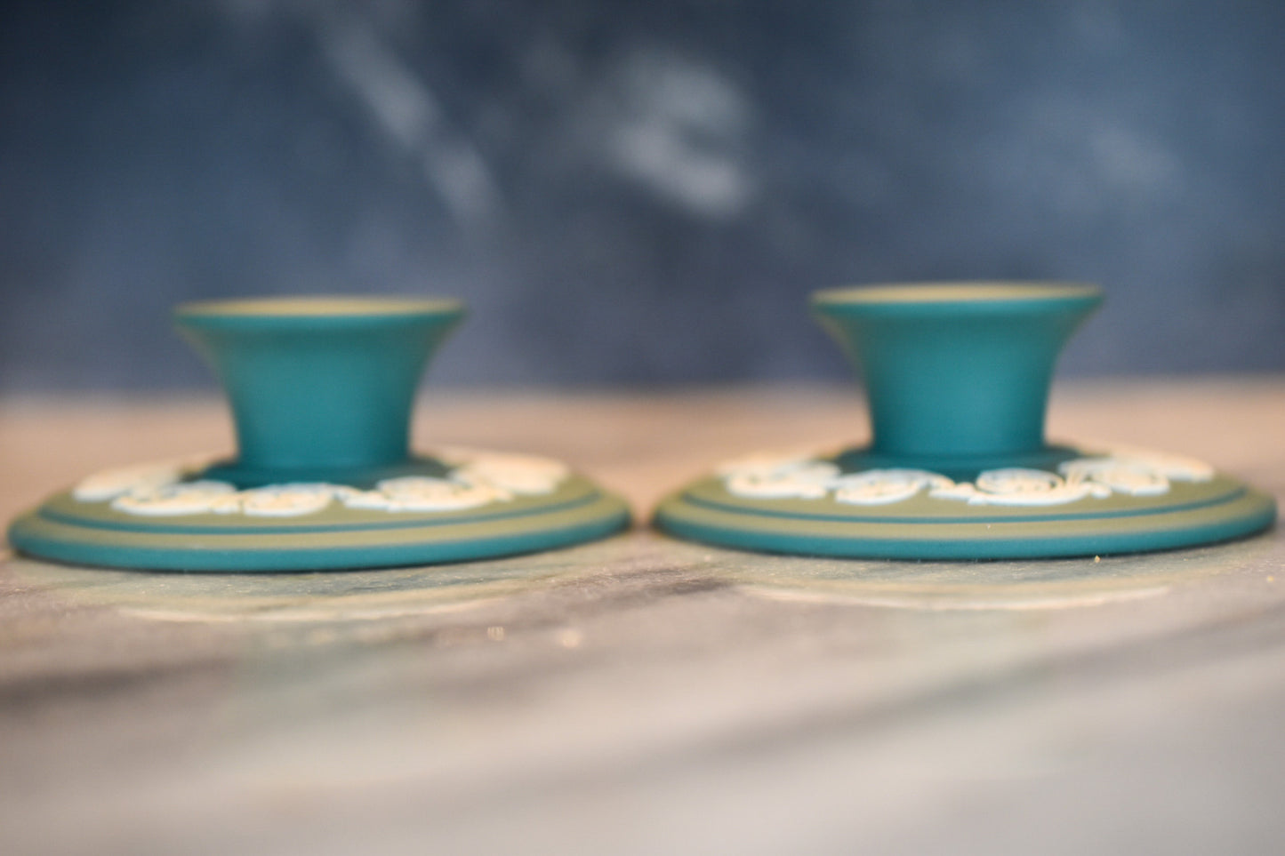 Pair of Wedgwood Jasperware Teal Candlestick Holders – White Relief Decoration