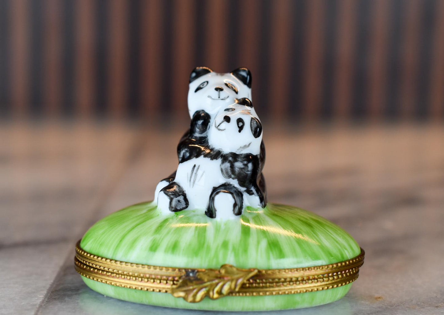 Hand-Painted Limoges France Trinket Box – Panda Bear Mother and Cub on Grass