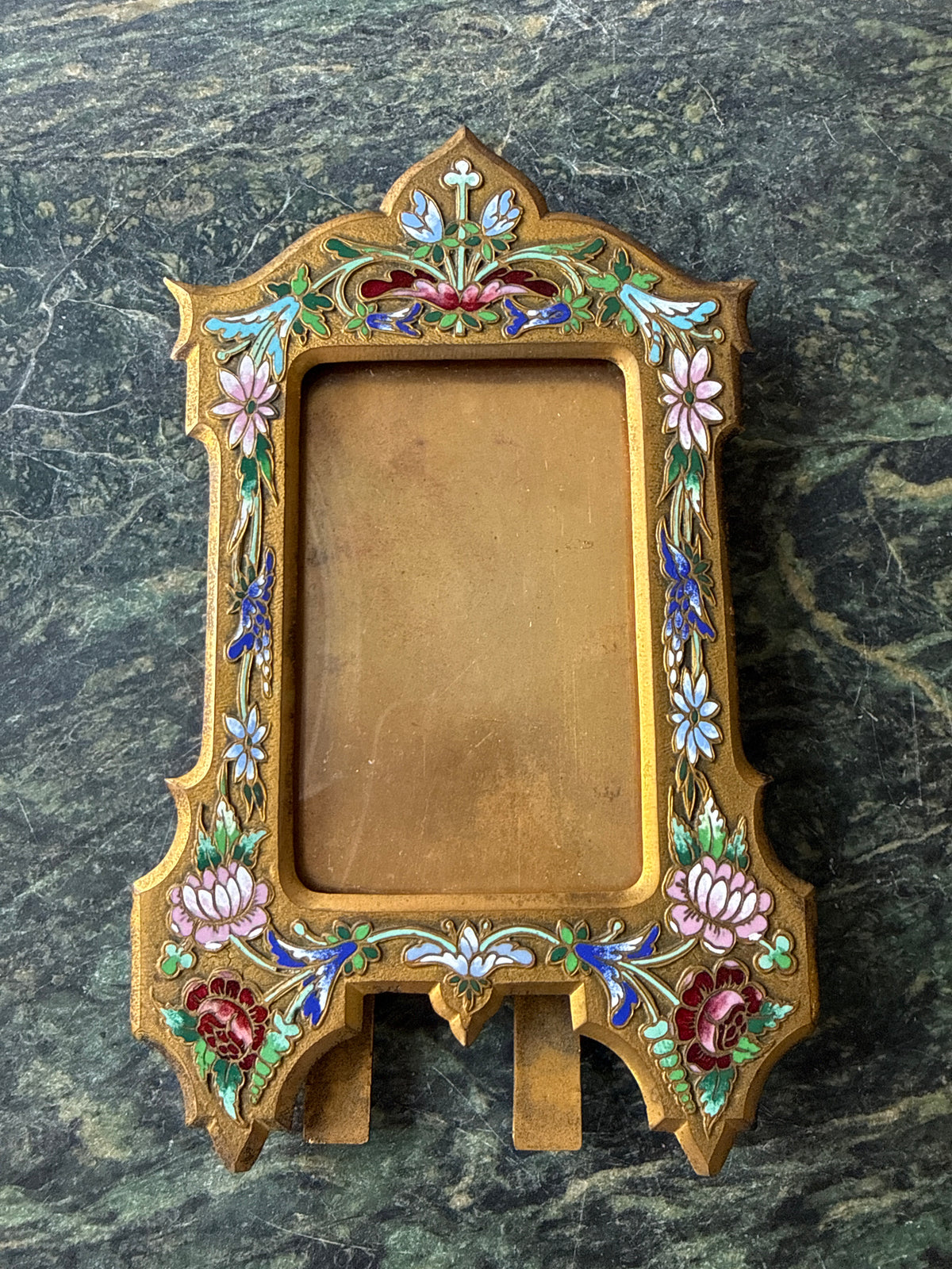 Antique French Champlevé Enamel and Gilt Bronze Miniature Frame with Floral Decoration, c. 1880–1900