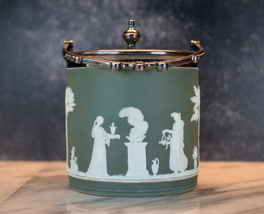 Antique Wedgwood Green Jasperware Biscuit Barrel with Silver-Plated Lid – England