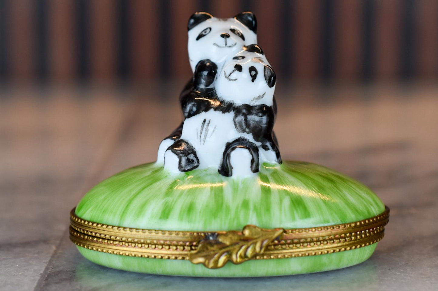 Hand-Painted Limoges France Trinket Box – Panda Bear Mother and Cub on Grass