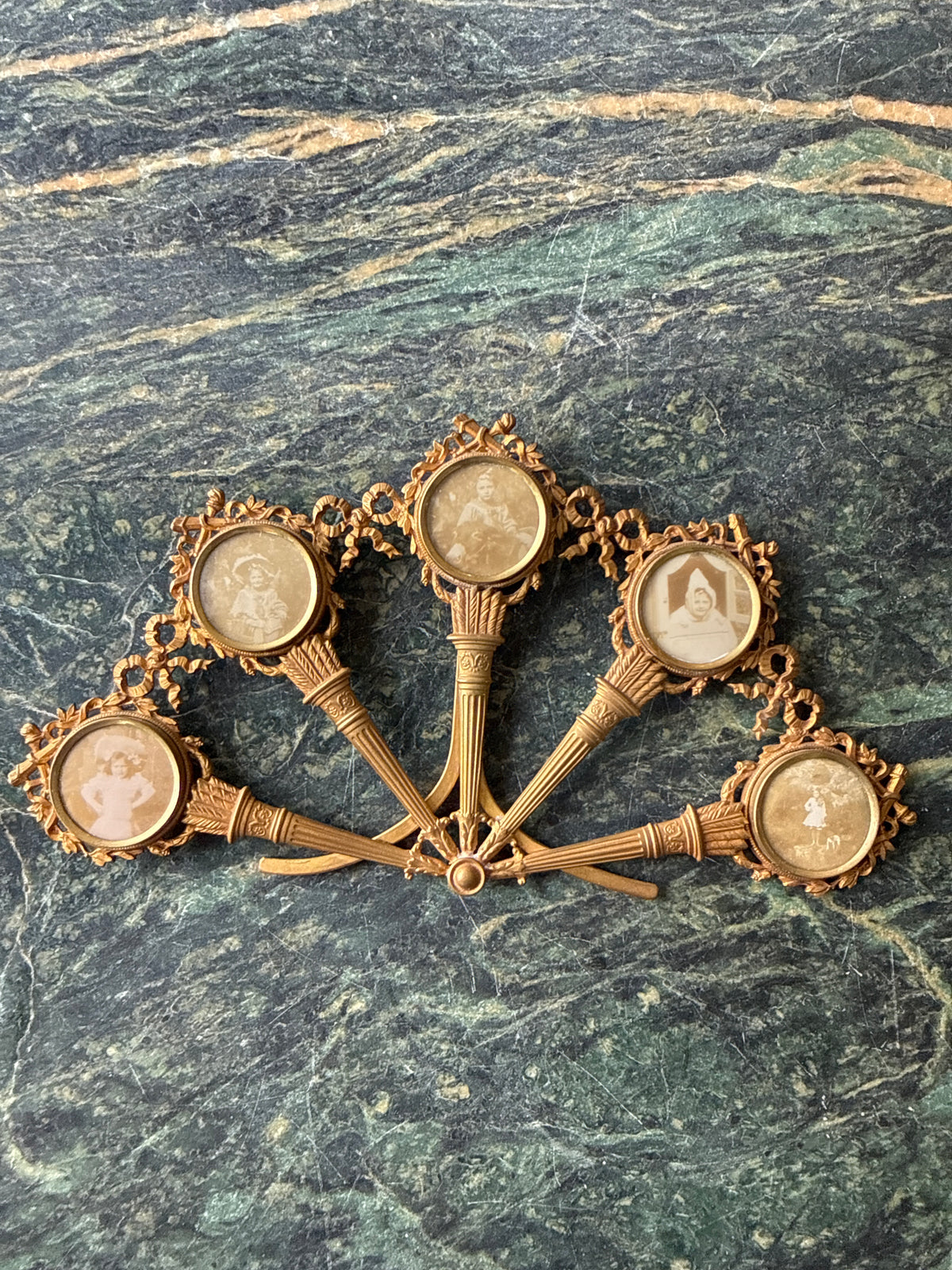 Antique French Gilt Bronze Fan Photo Frame with Five Miniature Portraits, Louis XVI Style, c. 1880–1900