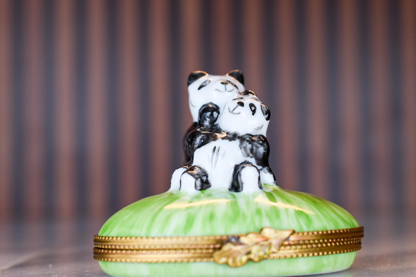 Hand-Painted Limoges France Trinket Box – Panda Bear Mother and Cub on Grass