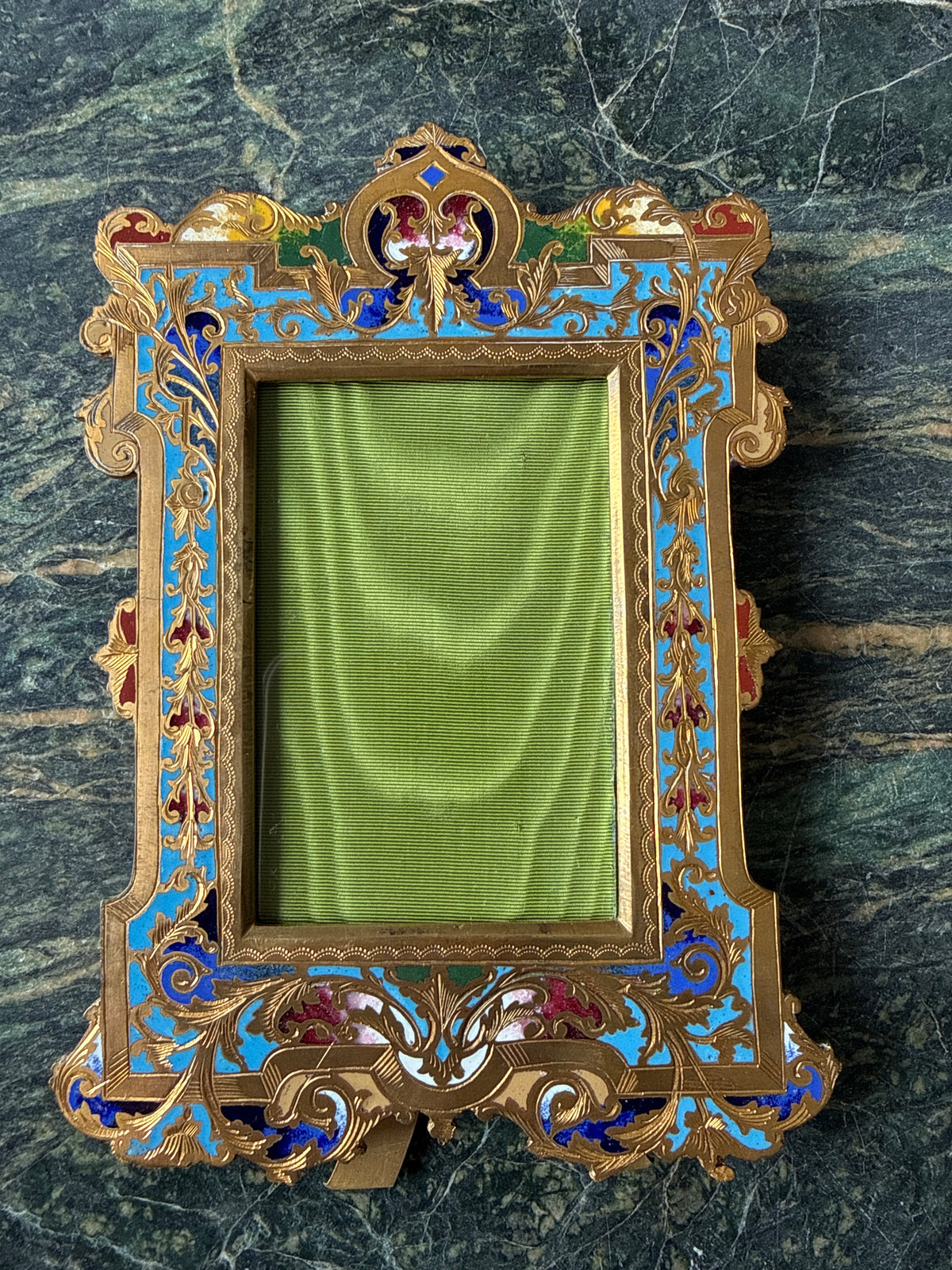 Antique French Champlevé Enamel and Gilt Bronze Photo Frame with Green Silk Mount, c. 1870–1890