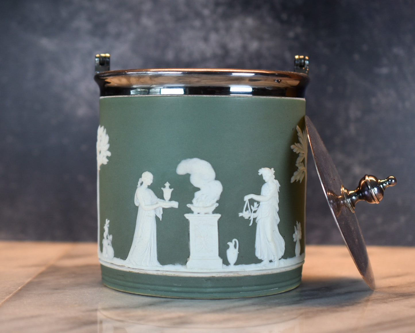 Antique Wedgwood Green Jasperware Biscuit Barrel with Silver-Plated Lid – England