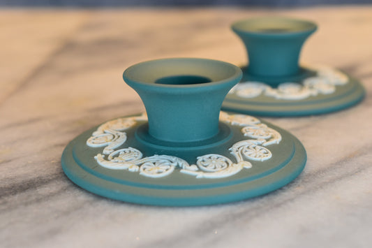 Pair of Wedgwood Jasperware Teal Candlestick Holders – White Relief Decoration
