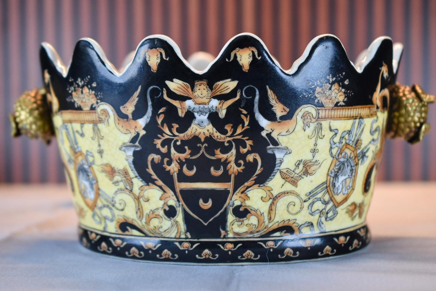 United Wilson Porcelain Jardinière – Black & Yellow Heraldic Cachepot with Gilt Handles