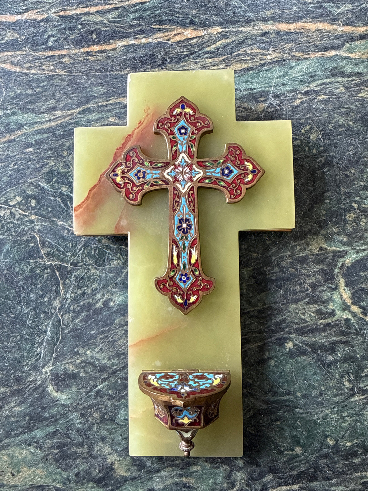 Antique French Onyx Cross with Champlevé Enamel and Hinged Holy Water Font (Bénitier), c. 1880–1900