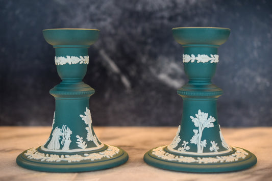 Pair of Wedgwood Jasperware Teal Candlestick Holders – Classical Relief Design