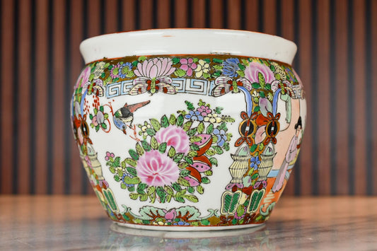 Vintage Chinese Famille Rose Jardinière Planter – Rose Medallion Porcelain with Court Scenes & Birds