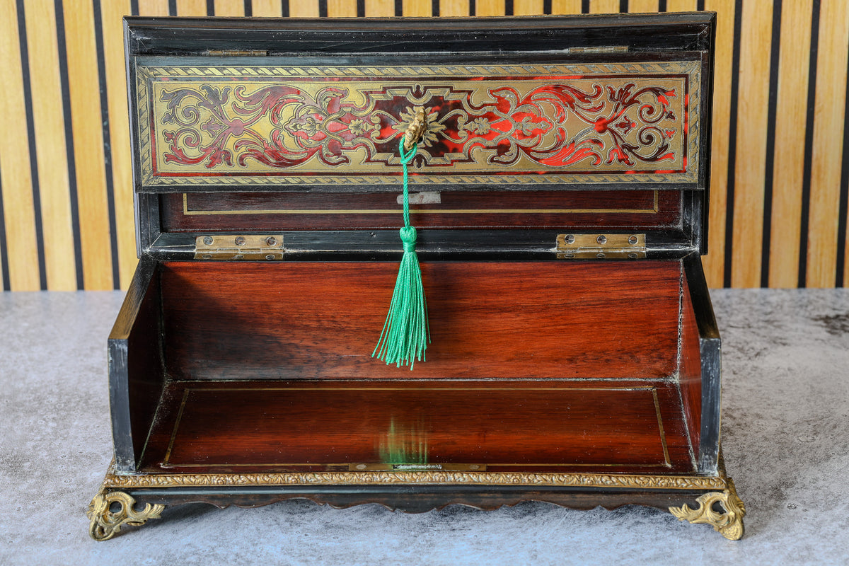 Antique French Boulle Marquetry Casket, Red Tortoiseshell and Brass with Gilt Bronze Feet, Napoleon III, c. 1850–1870