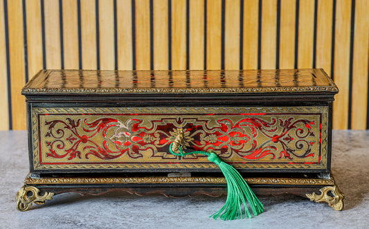 Antique French Boulle Marquetry Casket, Red Tortoiseshell and Brass with Gilt Bronze Feet, Napoleon III, c. 1850–1870