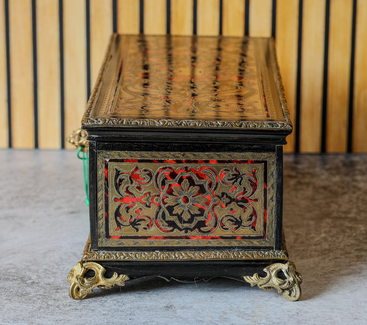 Antique French Boulle Marquetry Casket, Red Tortoiseshell and Brass with Gilt Bronze Feet, Napoleon III, c. 1850–1870