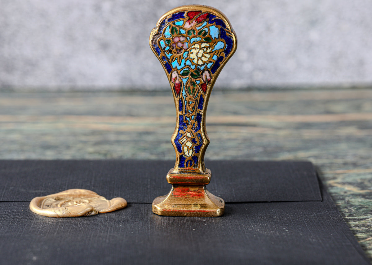 Antique French Champlevé Enamel and Gilt Bronze Desk Seal | Floral Handle, Engraved Script Monogram