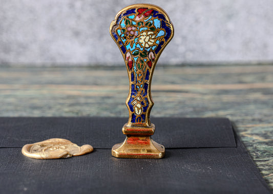 Antique French Champlevé Enamel and Gilt Bronze Desk Seal | Floral Handle, Engraved Script Monogram