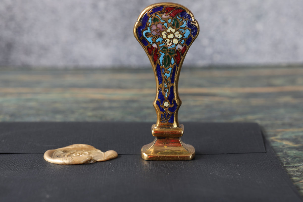 Antique French Champlevé Enamel and Gilt Bronze Desk Seal | Floral Handle, Engraved Script Monogram