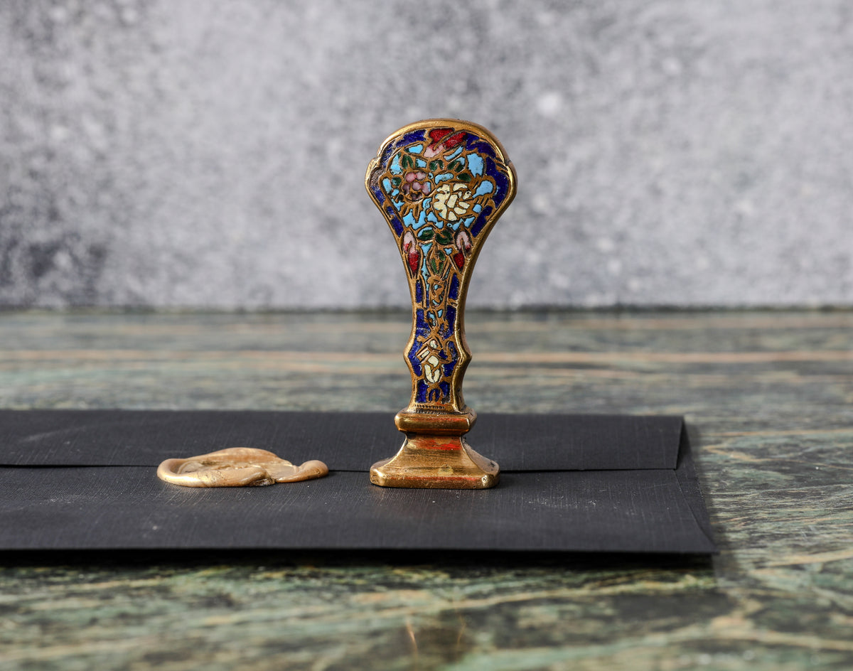 Antique French Champlevé Enamel and Gilt Bronze Desk Seal | Floral Handle, Engraved Script Monogram